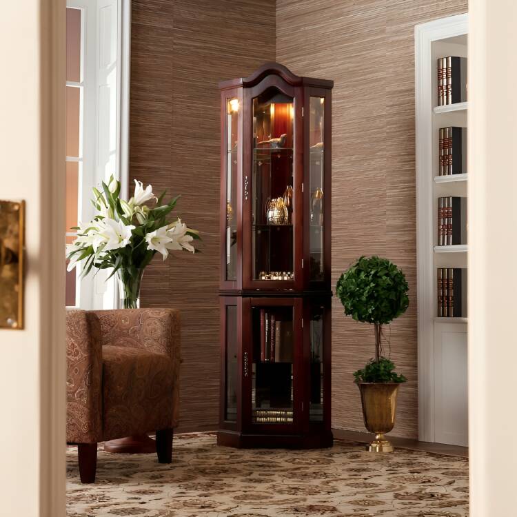 Corner Wine Cabinet with Glass Doors, Peach Blossom Wood Finish