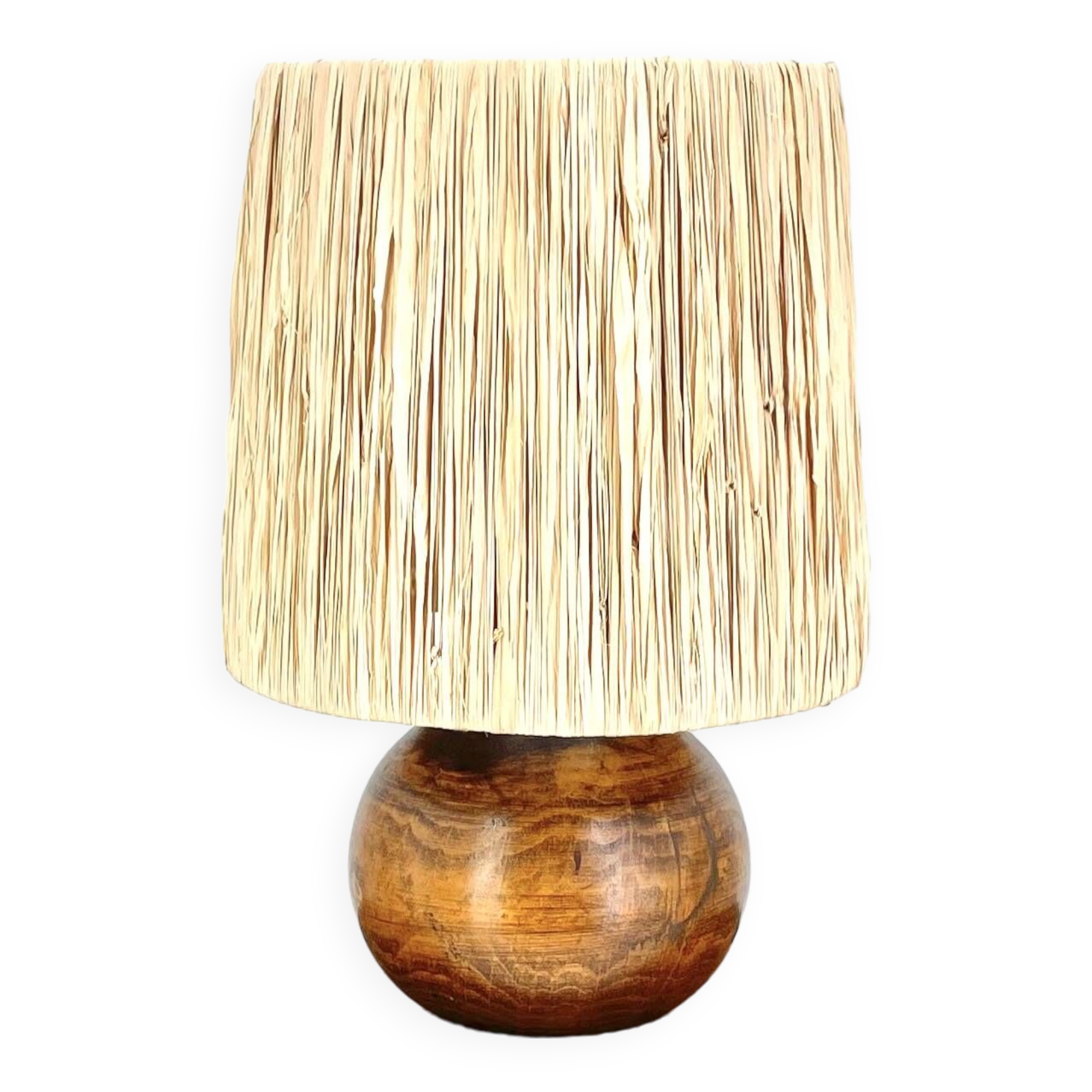 Wooden ball lamp, raffia lampshade, 1970s