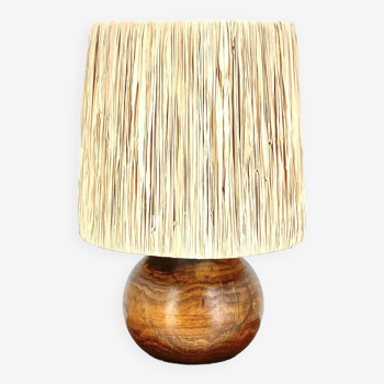 Lampe boule en bois, abat jour en raphia, années 70