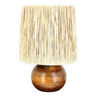 Lampe boule en bois, abat jour en raphia, années 70