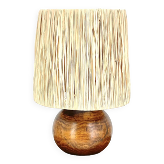 Wooden ball lamp, raffia lampshade, 1970s