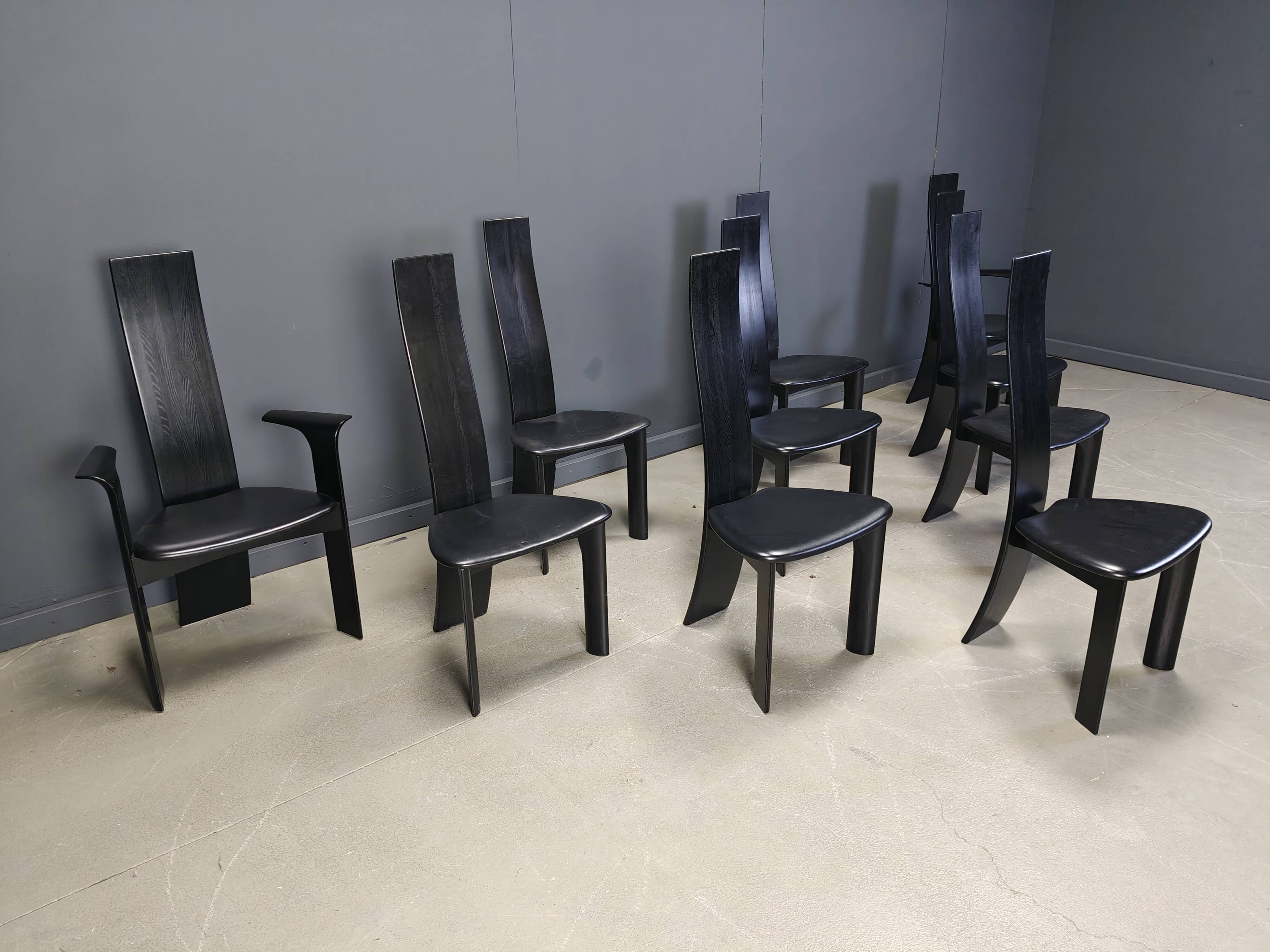 Set of 10 belgian high back dining chairs, 1980s