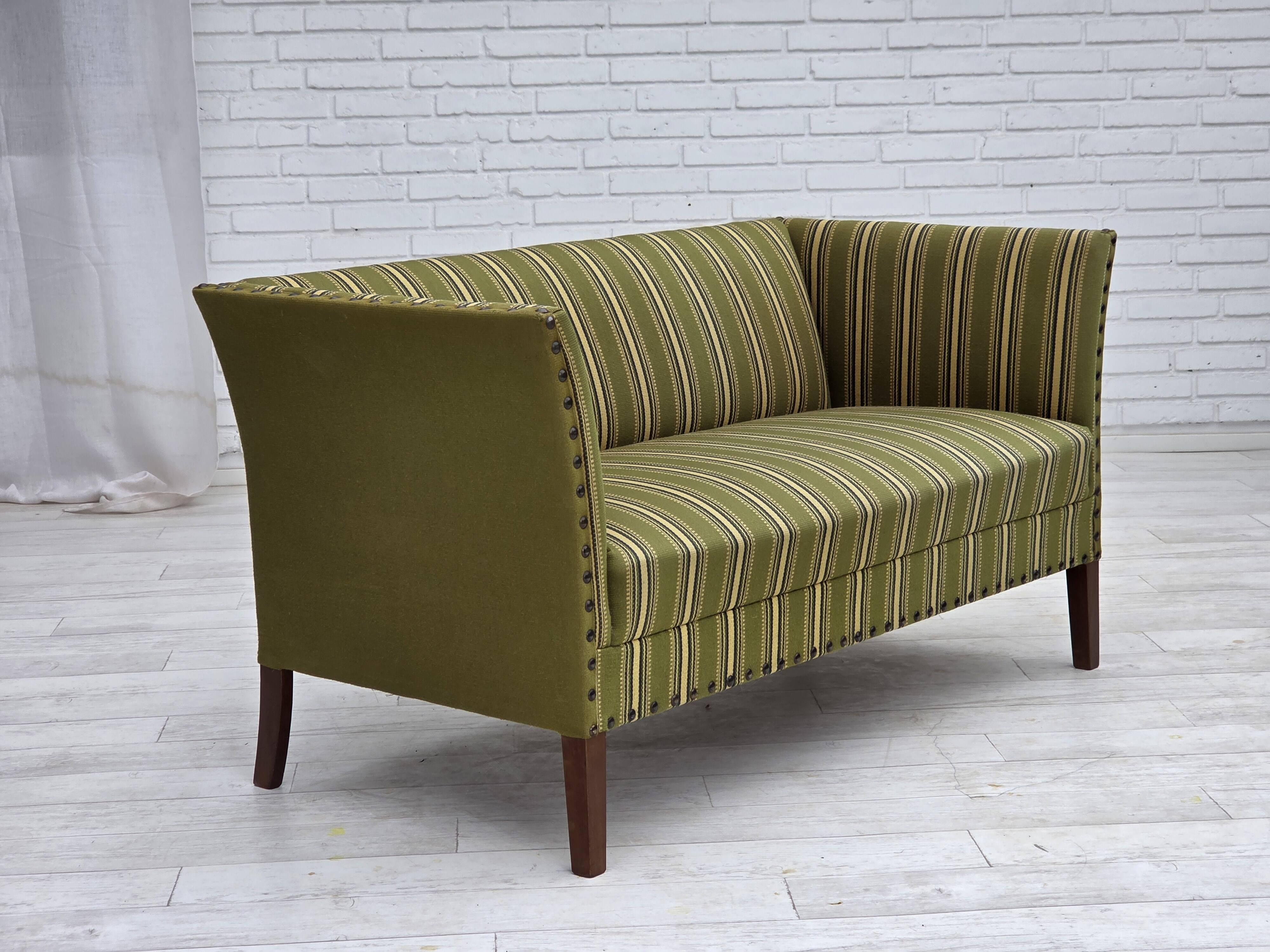 1970s, Danish 2-seater sofa, original green furniture wool, beech wood.