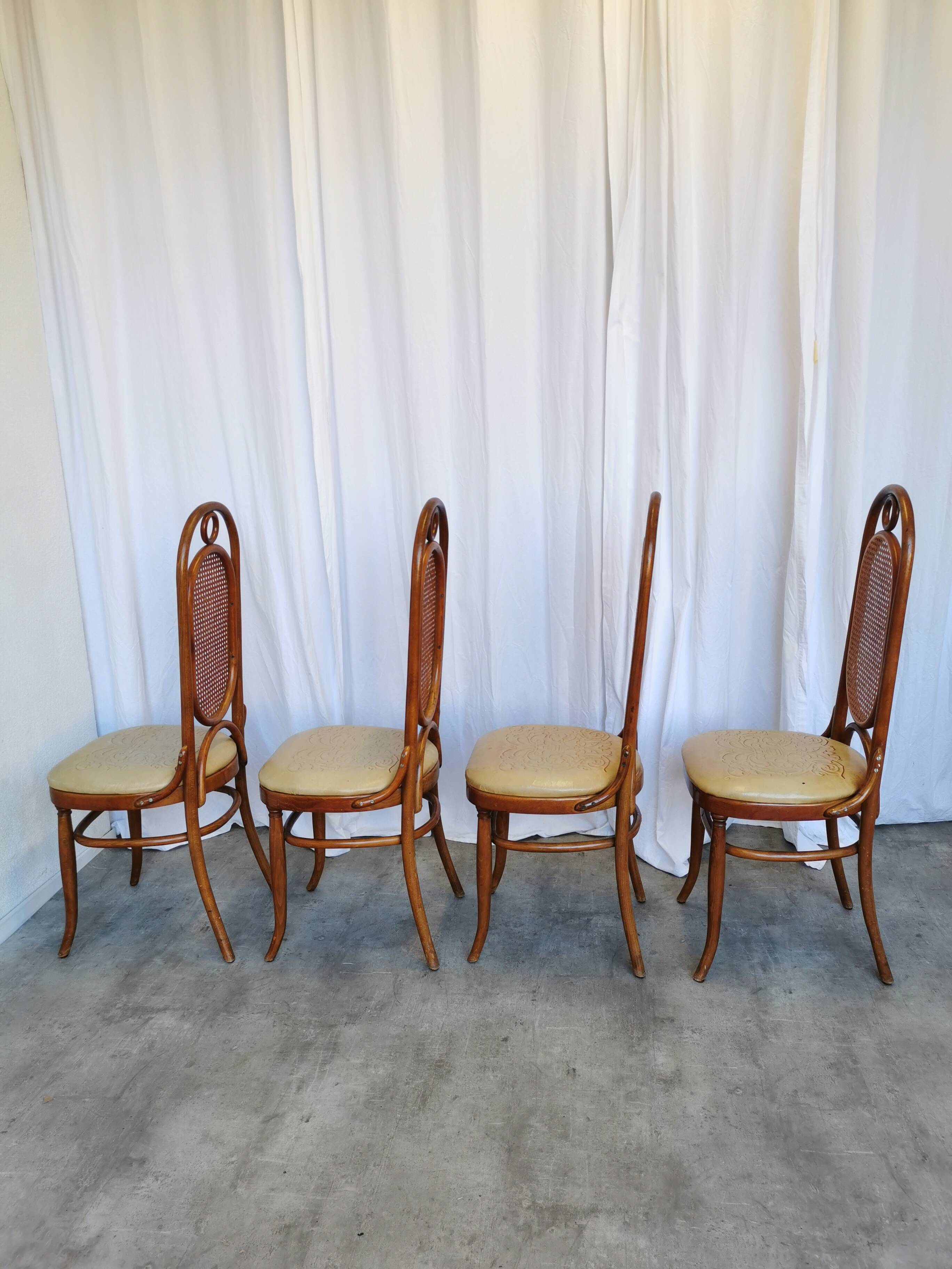 Set of 4 Vintage Bentwood Dining Chairs: Cane Back, Leather Seat, Thonet St