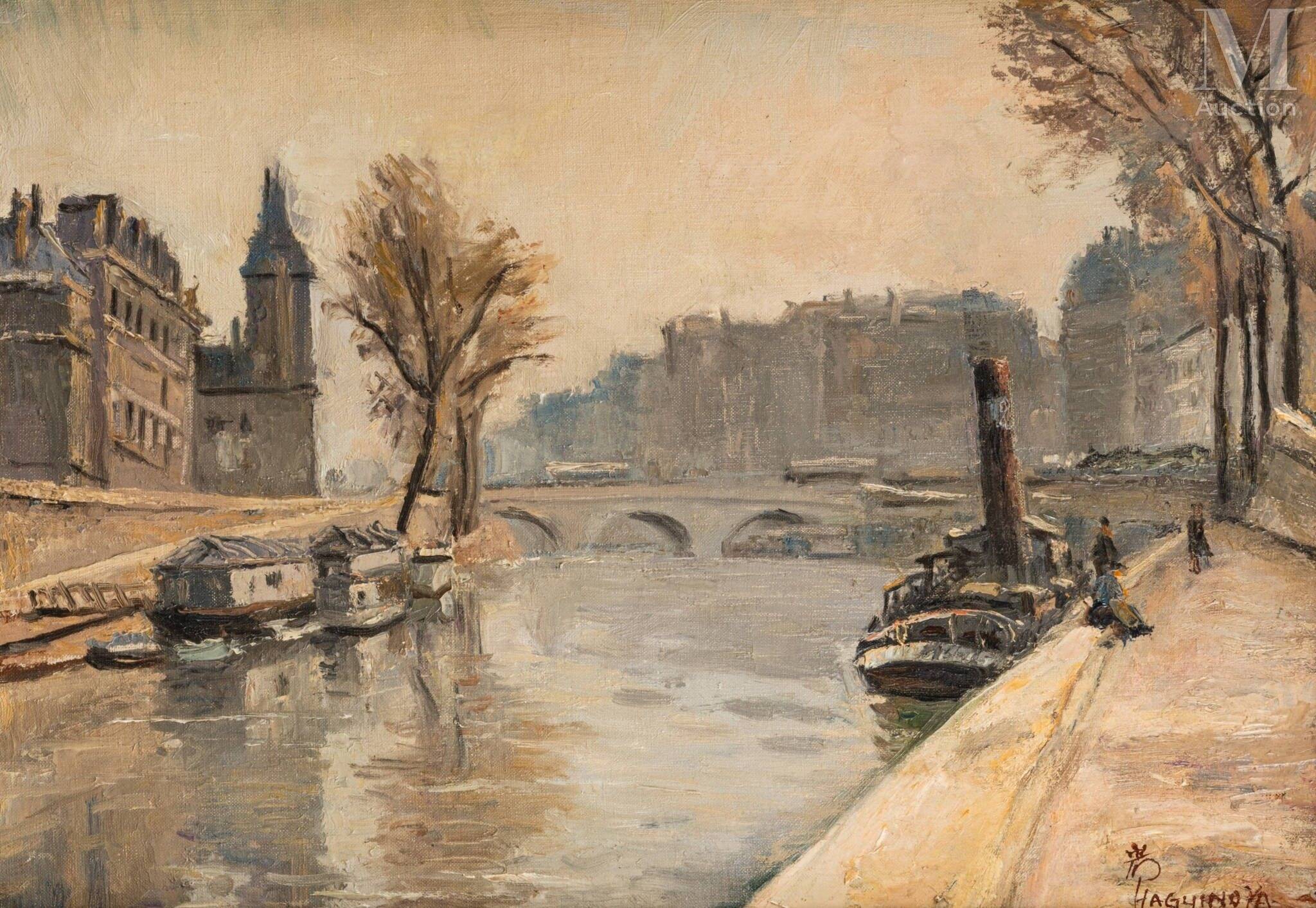 Painting of Paris on the banks of the Seine by Iwoa Haguinoya around 1920