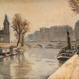 Painting of Paris on the banks of the Seine by Iwoa Haguinoya around 1920