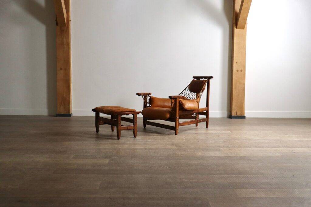 Jangada lounge chair with ottoman in cognac leather by Jean Gillon, Brazil, 1960s