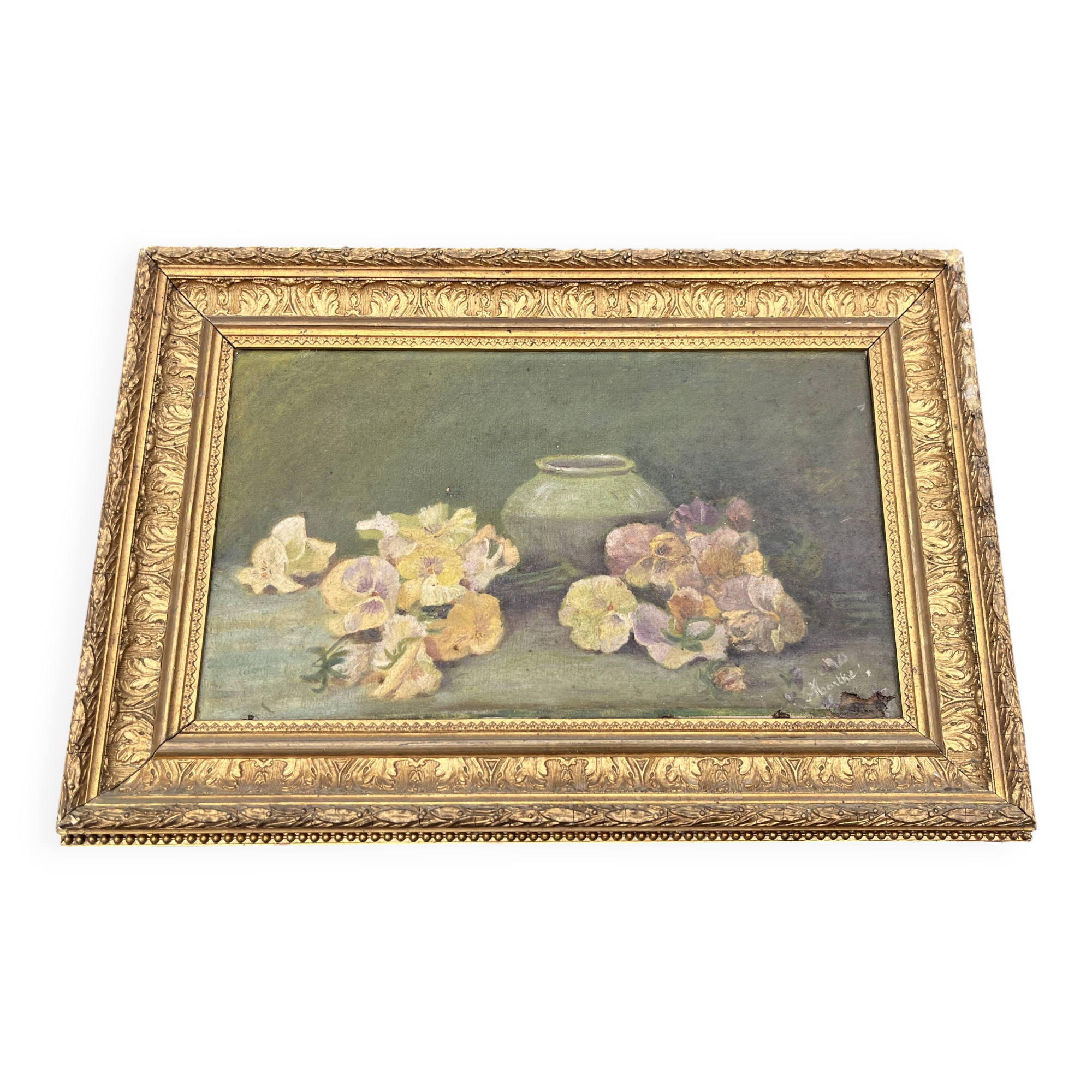 Antique still life painting with flowers signed Marthe, late 19th century