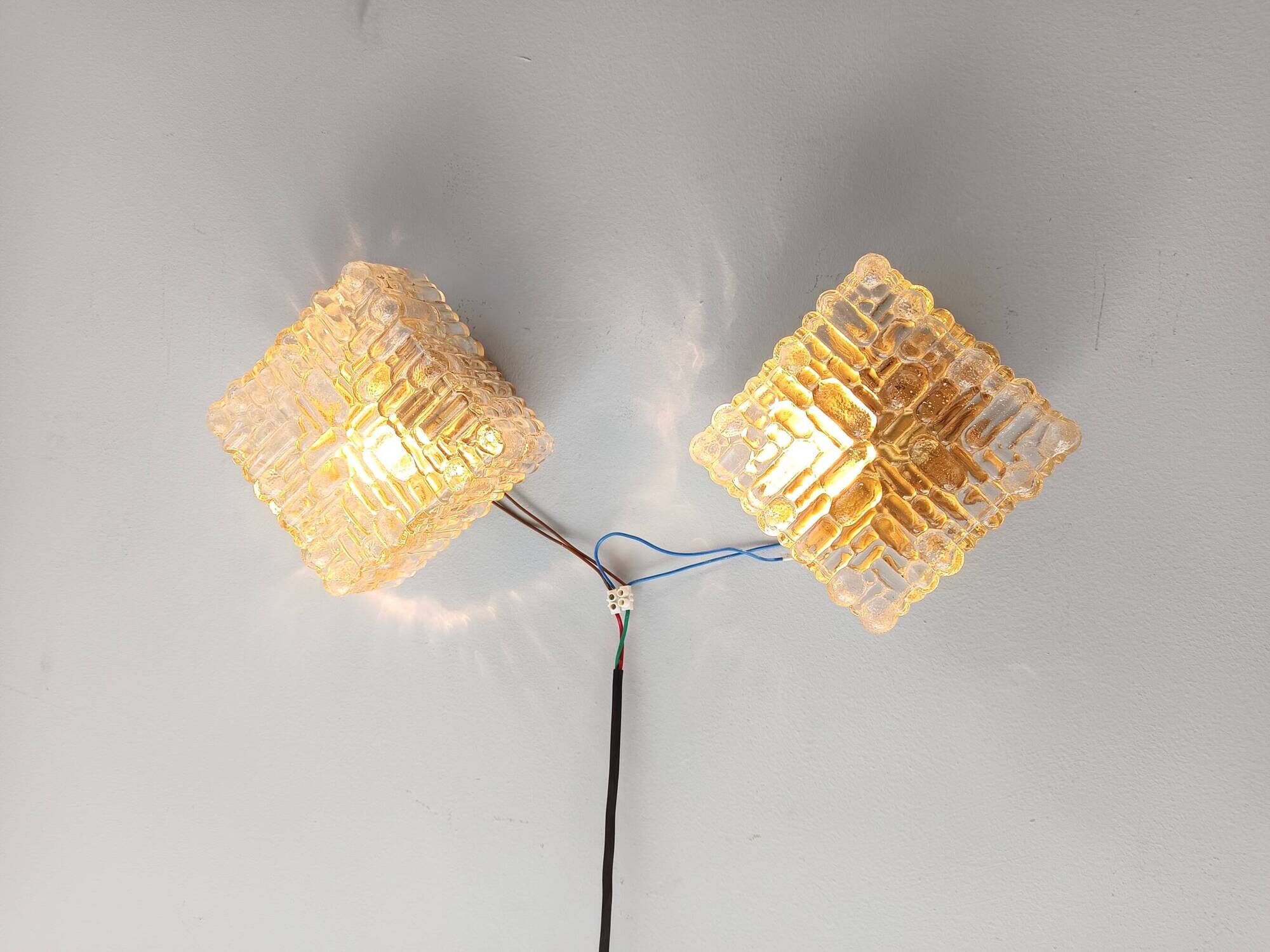 Pair of Square Molded Clear Glass and Gold Varnished Iron Wall Lights