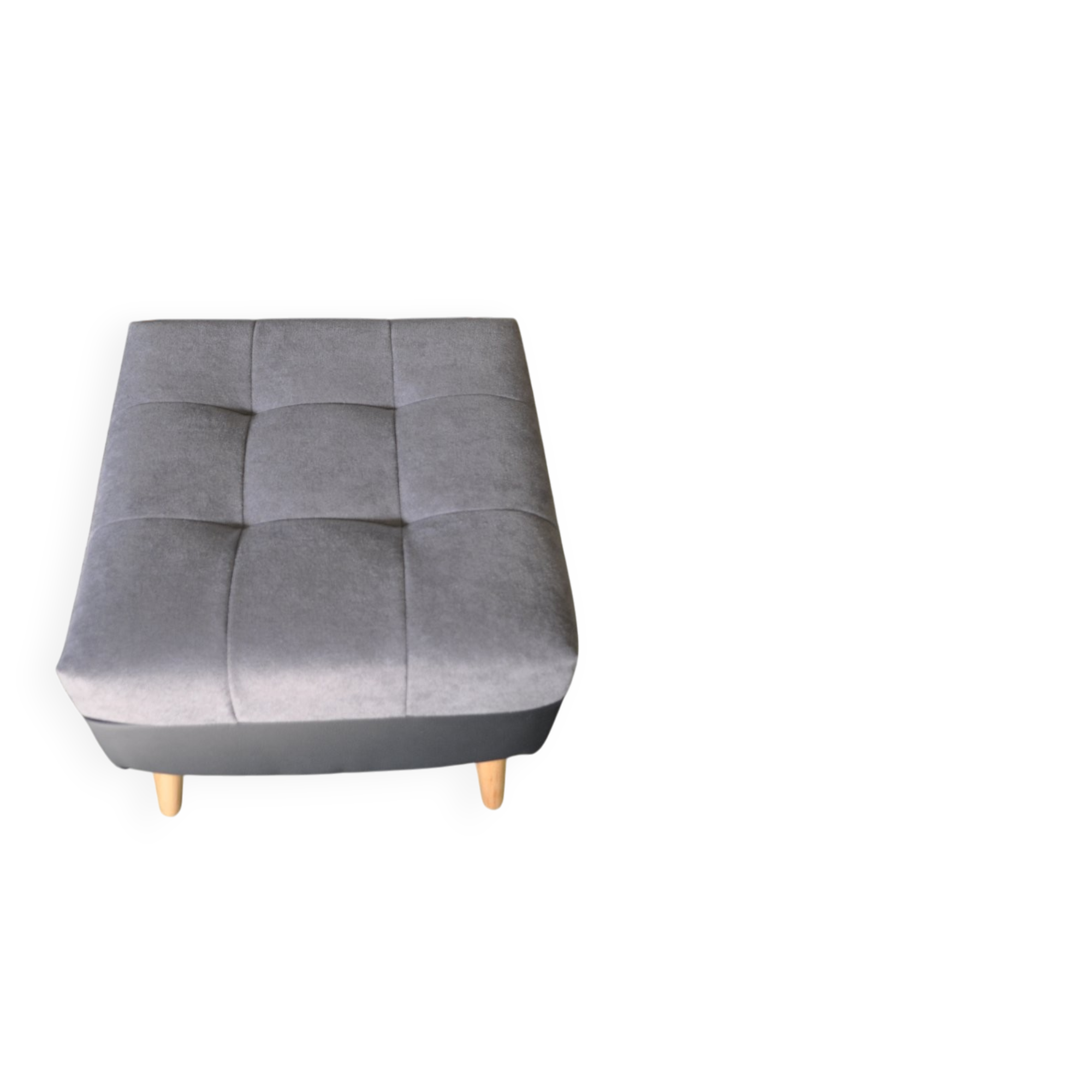 Set of 2 mid-century grey and black ottomans in fabric and eco-leather, wooden legs.