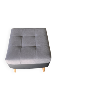 Set of 2 mid-century grey and black ottomans in fabric and eco-leather, wooden legs.