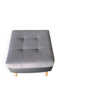 Set of 2 mid-century grey and black ottomans in fabric and eco-leather, wooden legs.