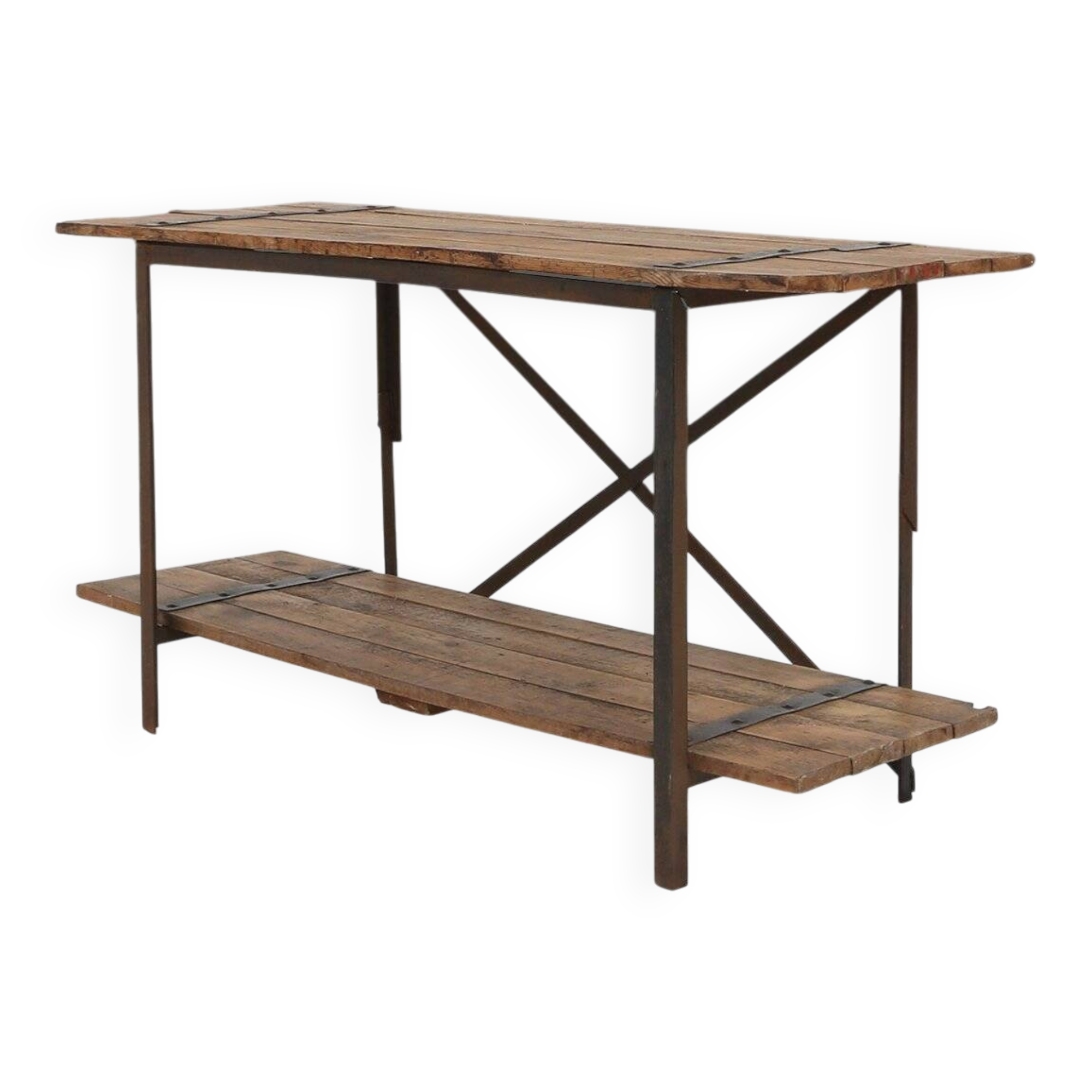 Industrial Side Table with Metal Frame and Wooden Top and Removable Platfor