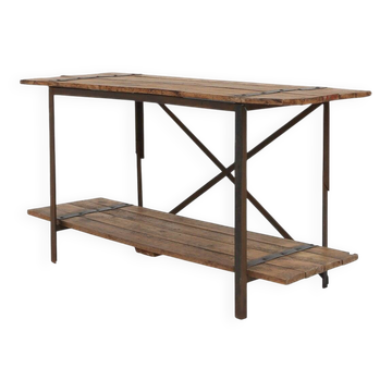 Industrial Side Table with Metal Frame and Wooden Top and Removable Platfor