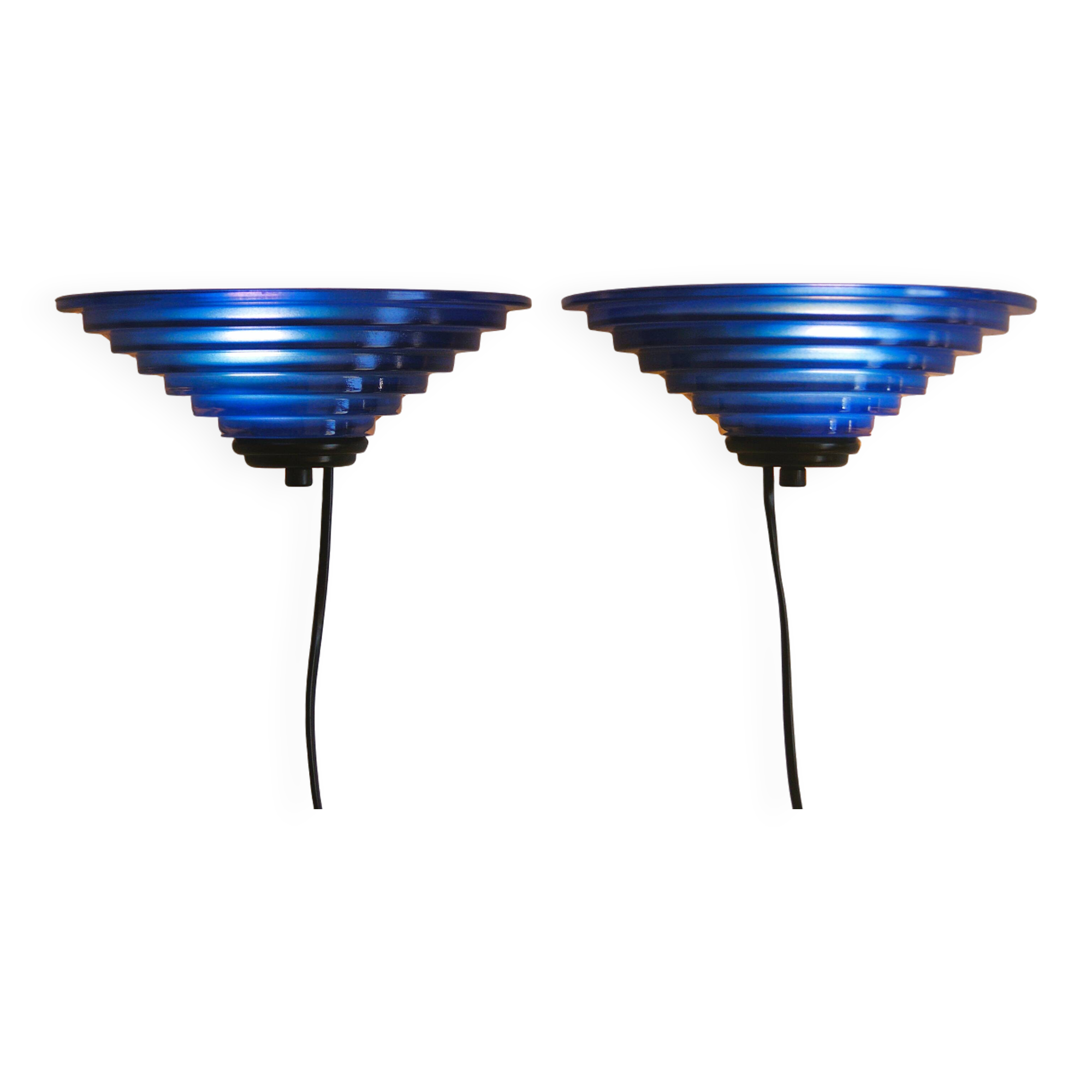 Pair of 1980's Art Deco Inspired Cobalt Blue Glass Sconces - Design Light
