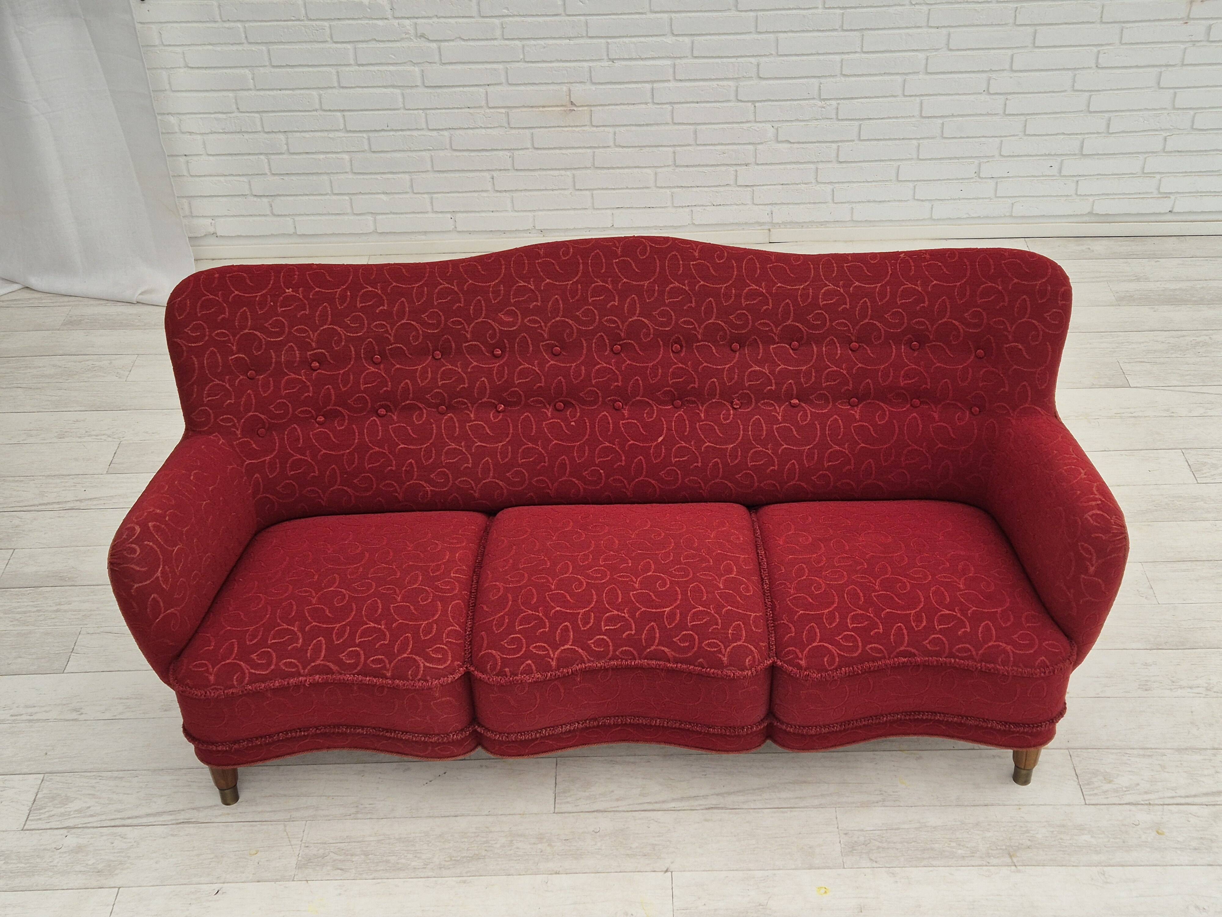 Années 1960, canapé danois 3 places, état d'origine, tissu coton-laine.