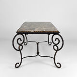 Coffee table in patinated wrought iron and marble, circa 1940