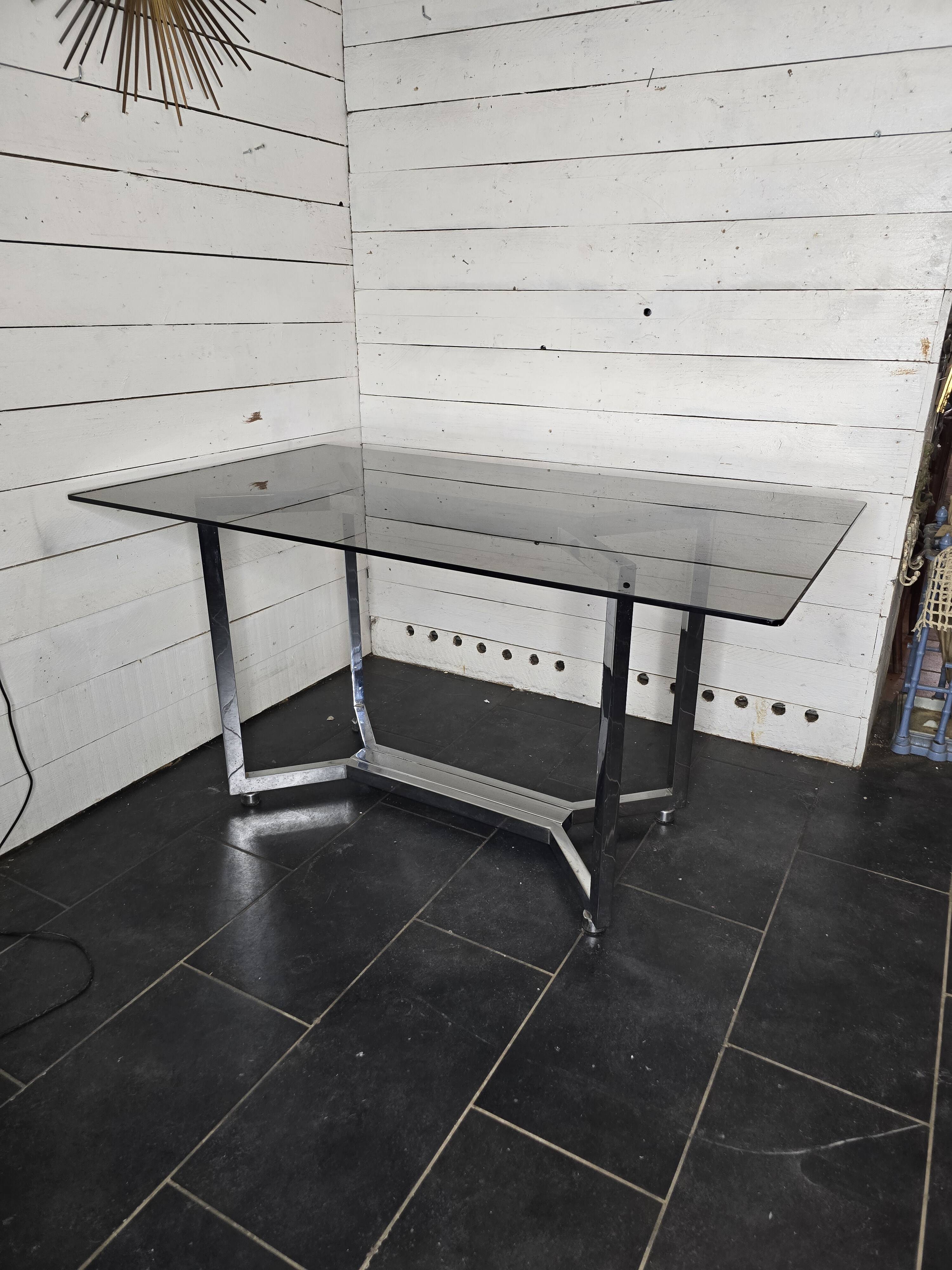 Vintage chrome metal table with smoked glass top