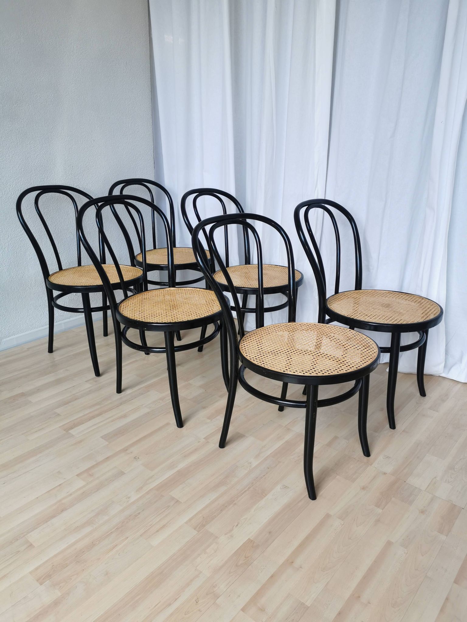 Set of 6 Vintage Thonet Style Dining Chairs: Black Bentwood Cane Seat