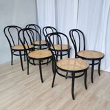 Set of 6 Vintage Thonet Style Dining Chairs: Black Bentwood Cane Seat