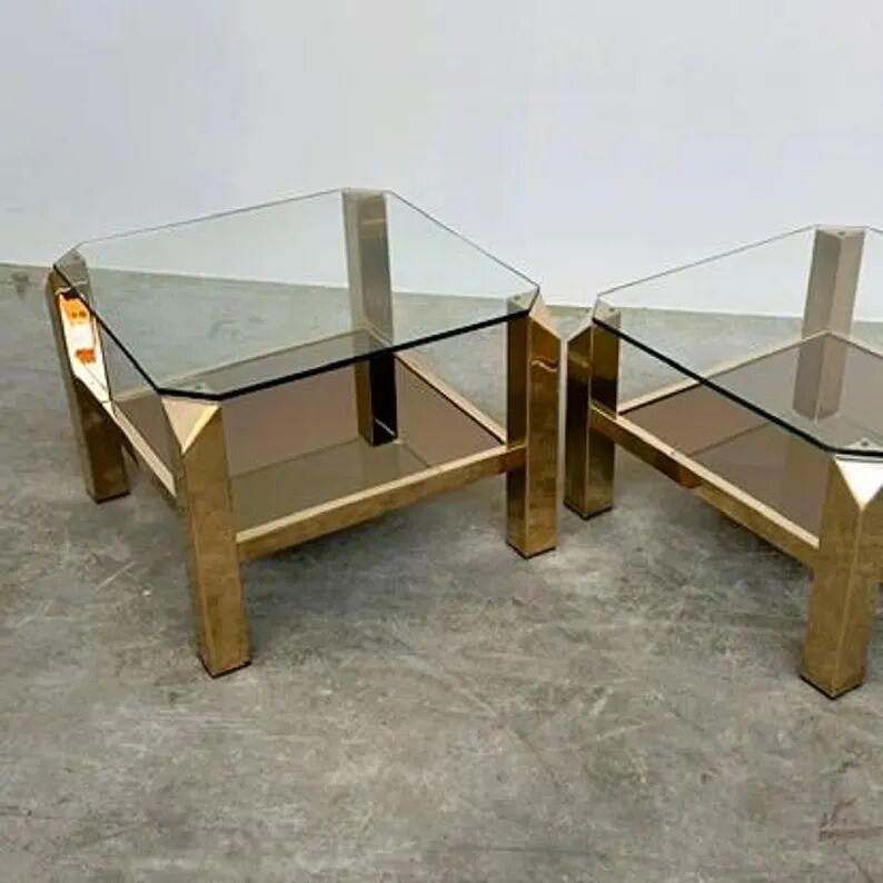 Set of 2 Belgo coffee tables in chrome brass and glass, Belgium, 1970s