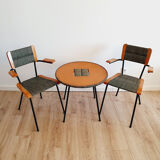 Pair of armchairs and vintage coffee table straw, wood and metal