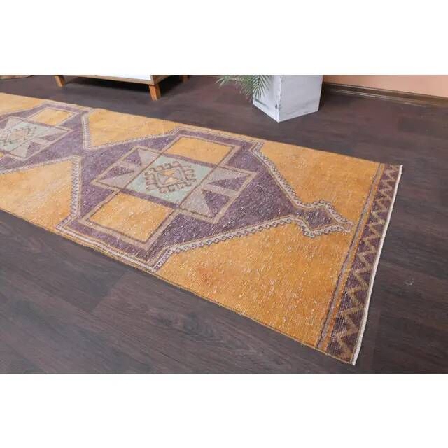 Vintage Turkish Oushak Handmade Wool Cotton Orange Runner Rug 95x375