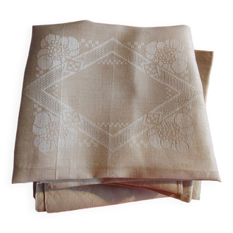 Old table service - Tablecloth & 11 napkins - Linen & ecru silk damask - Original color