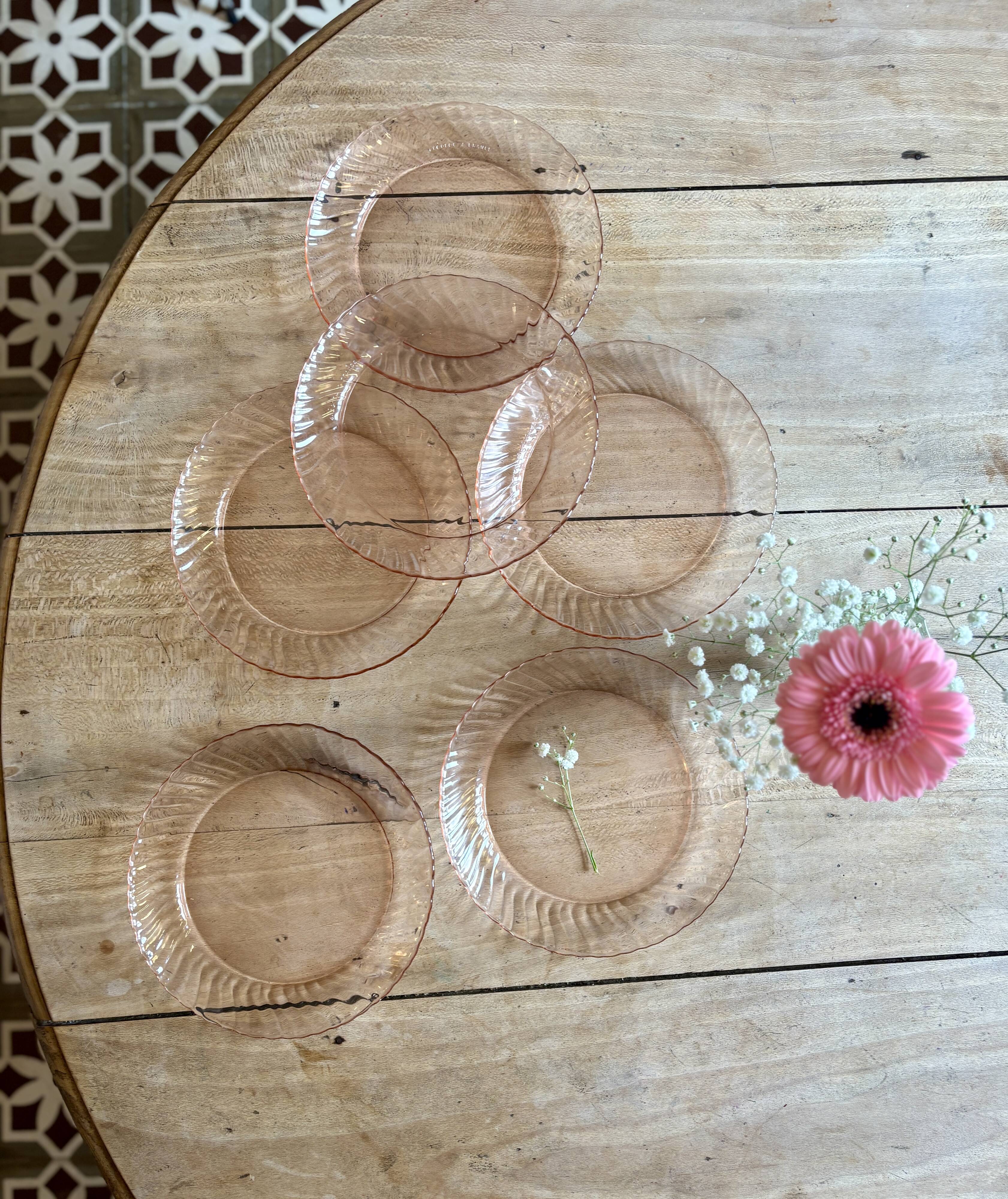 Set of 6 vintage Arcoroc rosaline dessert plates