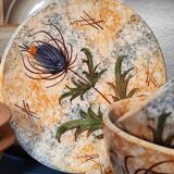 Aegitna Vallauris Hand Painted Enameled Ceramic Cups and Plates/Saucers with Thistle Motifs