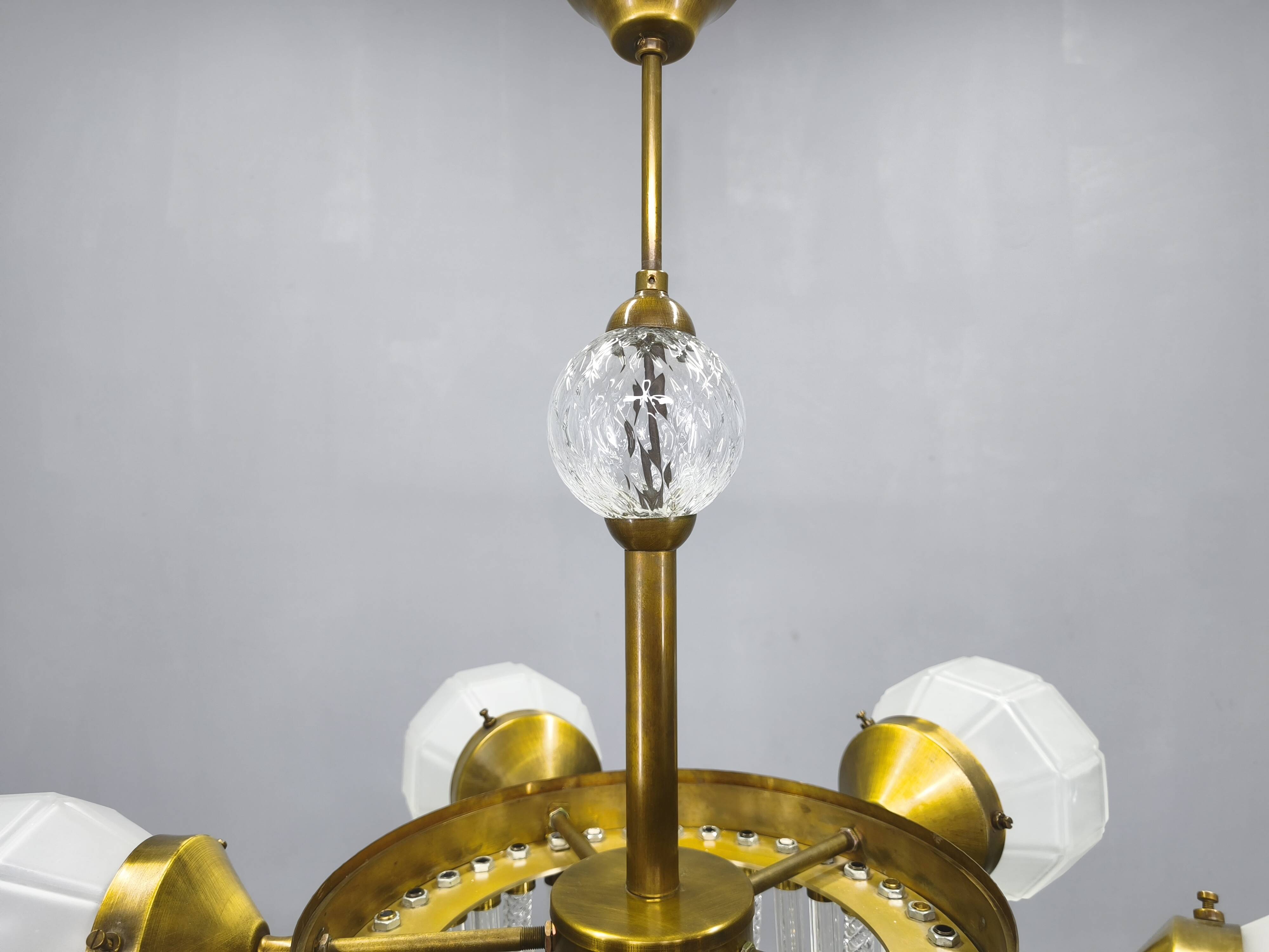Czech Art Deco Brass and Glass Chandelier, 1950s