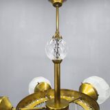 Czech Art Deco Brass and Glass Chandelier, 1950s
