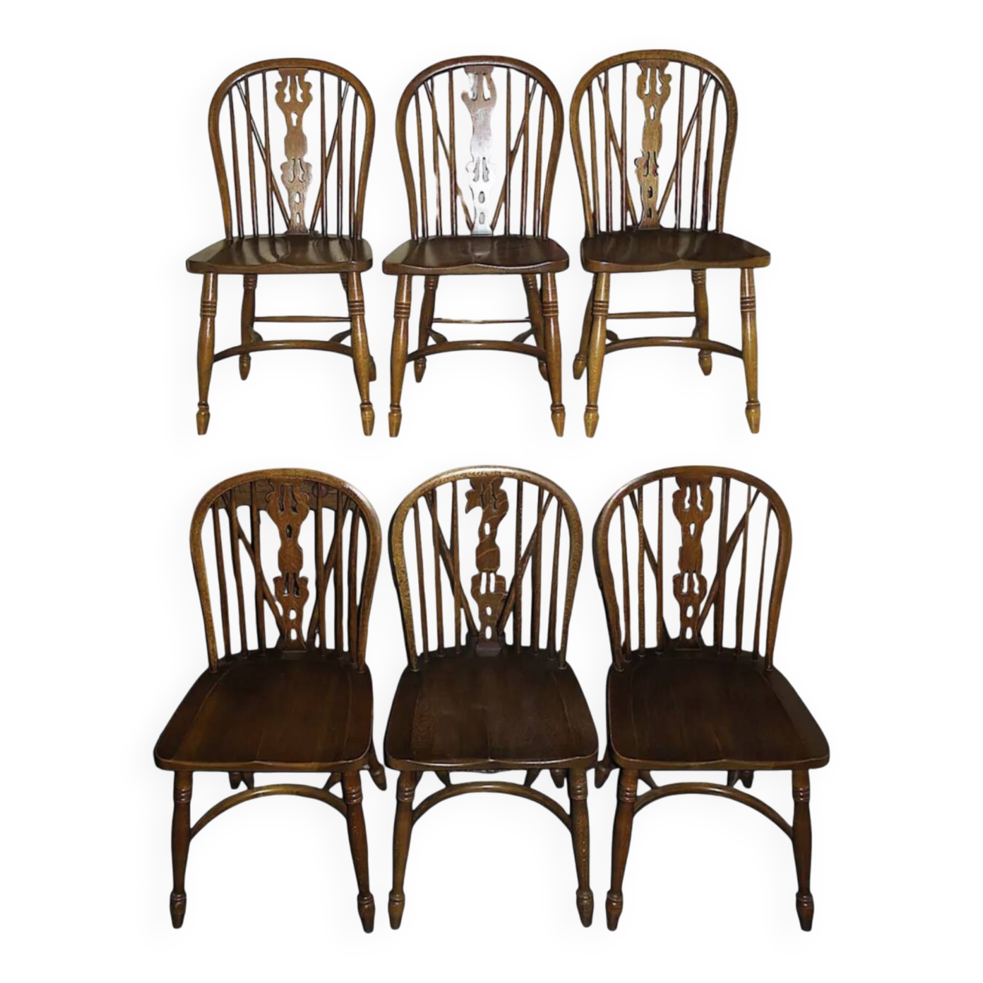 Ensemble de 6 chaises Windsor à dossier lyre en chêne massif, milieu du siècle, années 1960