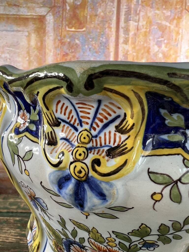 Polychrome French earthenware planter – Floral and butterfly decoration