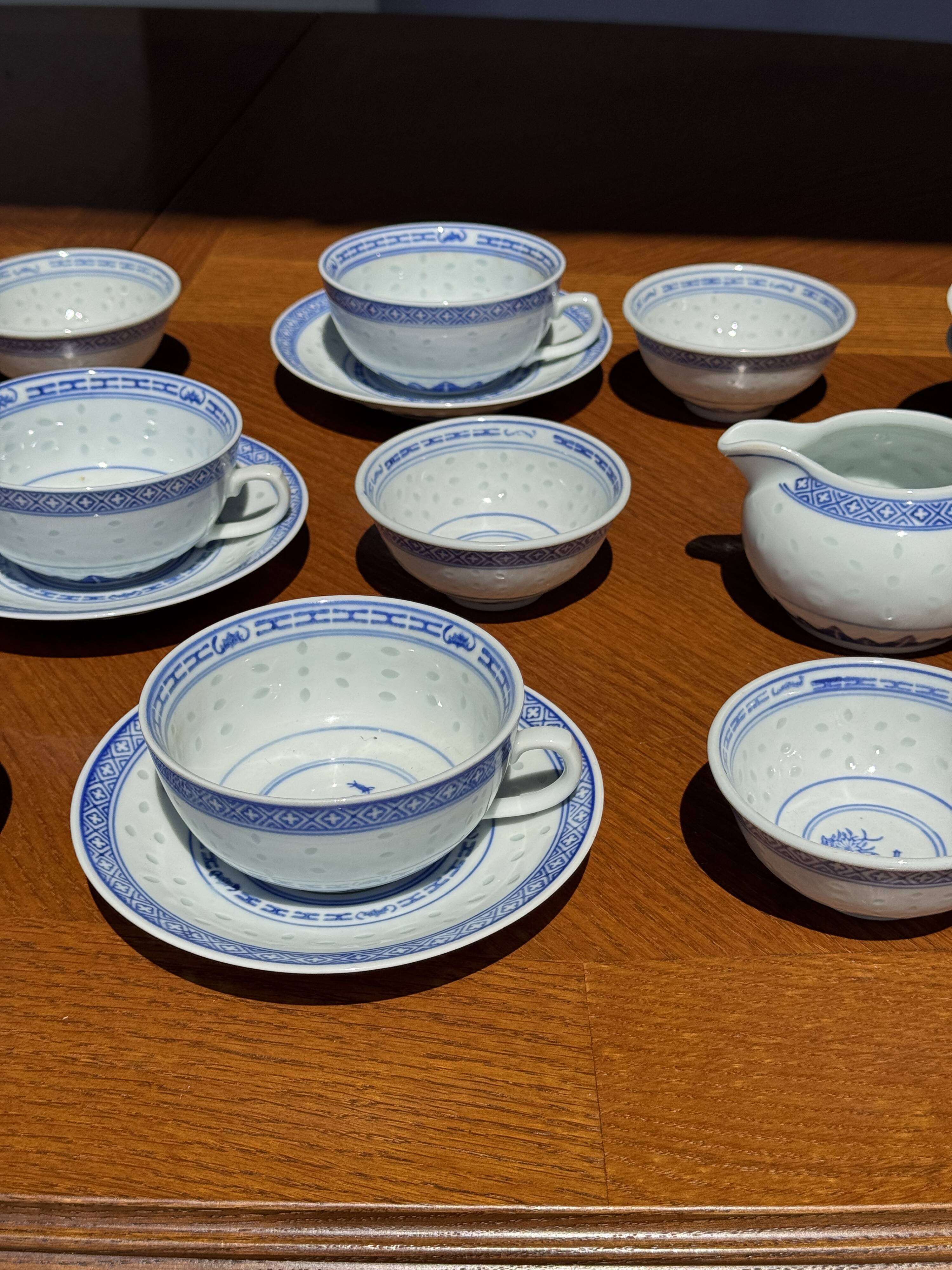 Small Chinese blue and white tea set for 6 cups and saucers.