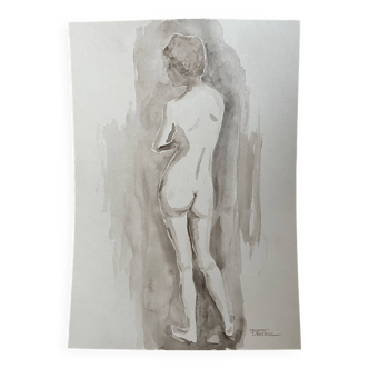Signed painting watercolor monochrome sepia portrait nude female back