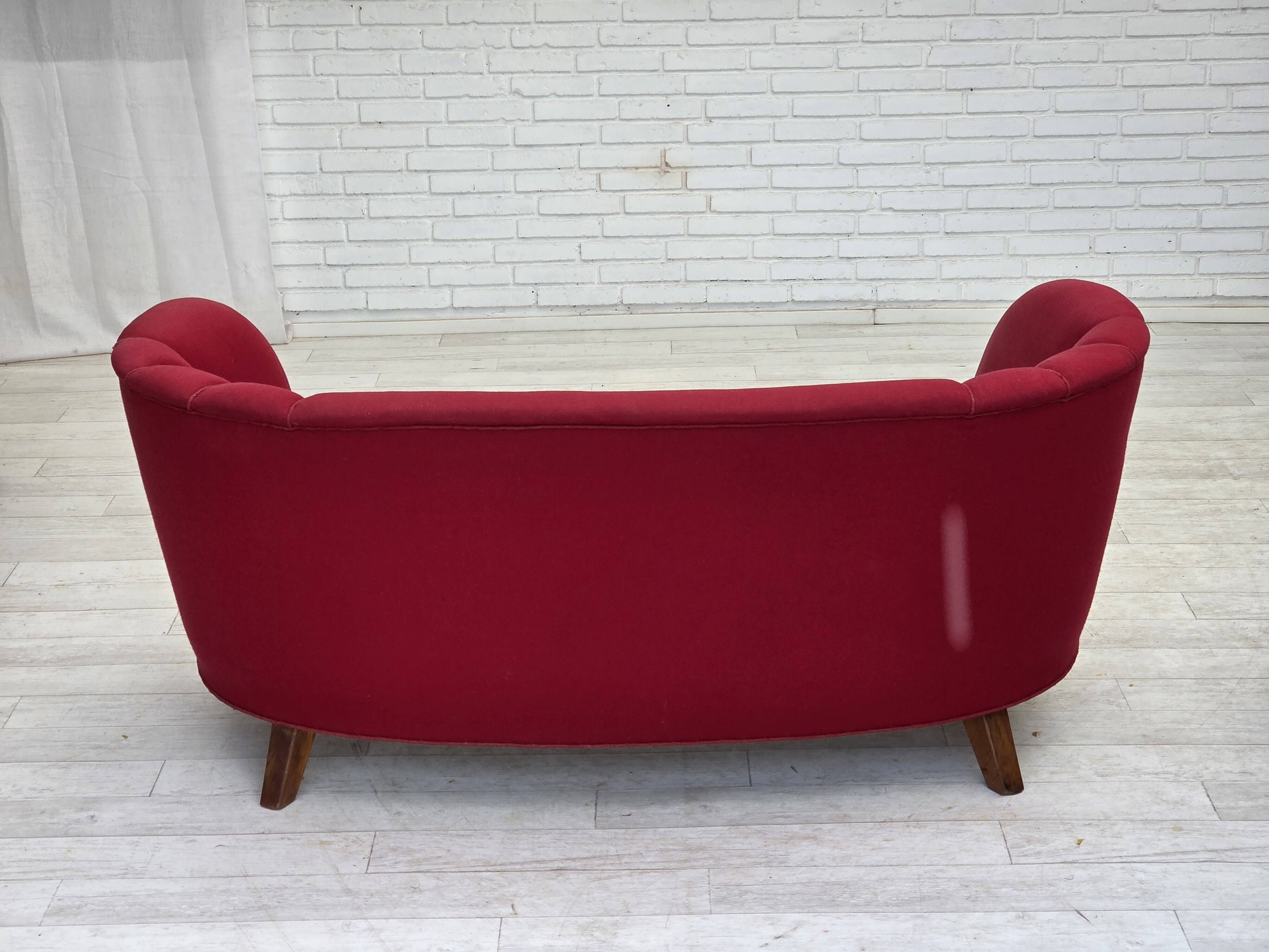 1960s, Danish 2-seater "Banana" sofa, furniture wool, oak wood legs.