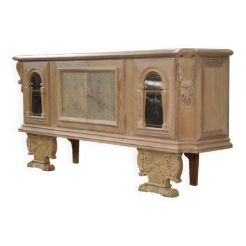 Grand buffet 4 portes en chêne cérusé, miroir églomisé et cuir 1950’s