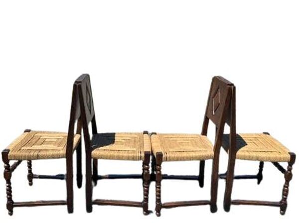 Lot 6 chaises rustiques paillées — 2 fauteuils + 4 chaises — style Louis 13