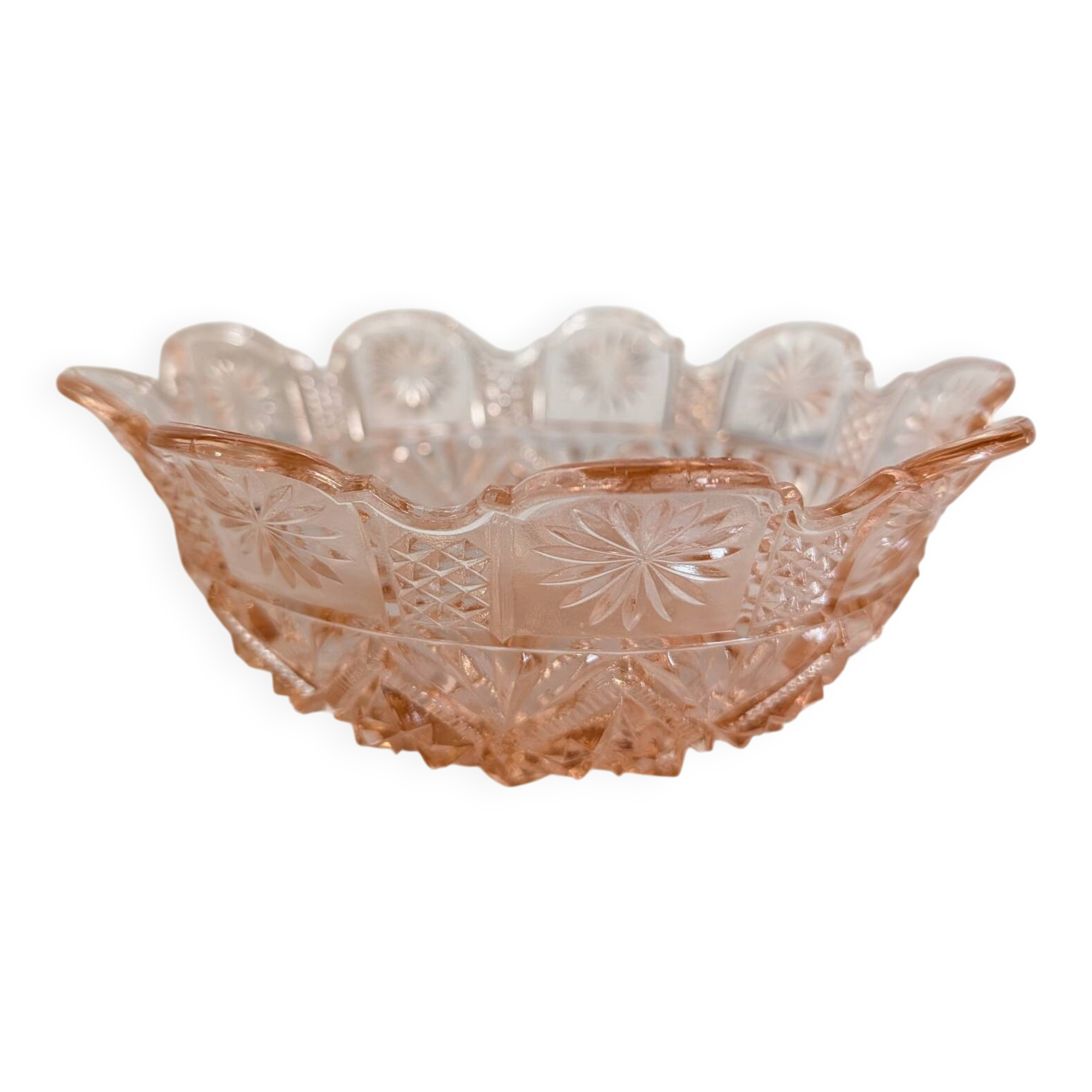 Pressed glass pink coupe with geometric decoration – mid 20th century