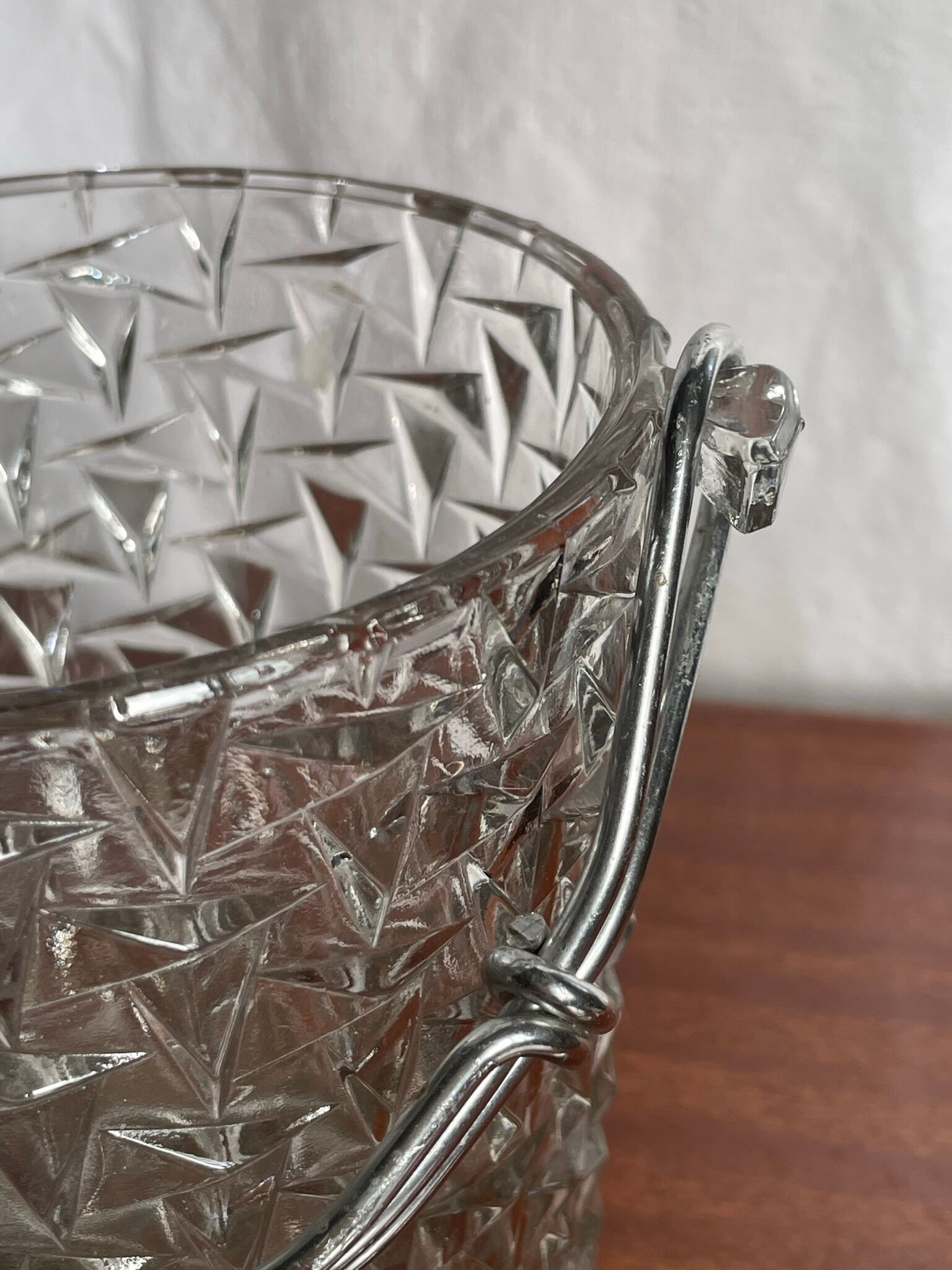 Vintage chiseled glass ice bucket with pliers