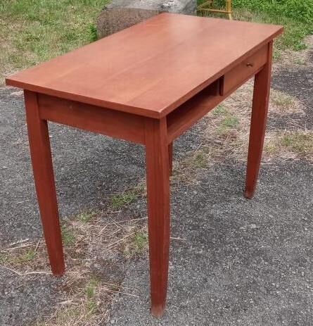 Teak veneer desk, curved feet