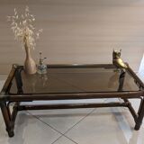 Table rotin vintage et verre rectangulaire