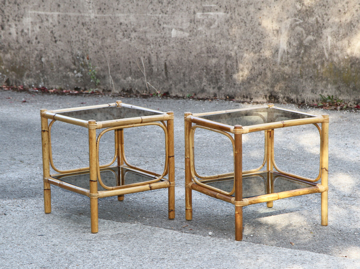 Pair of bamboo and smoked glass vintage bedside tables