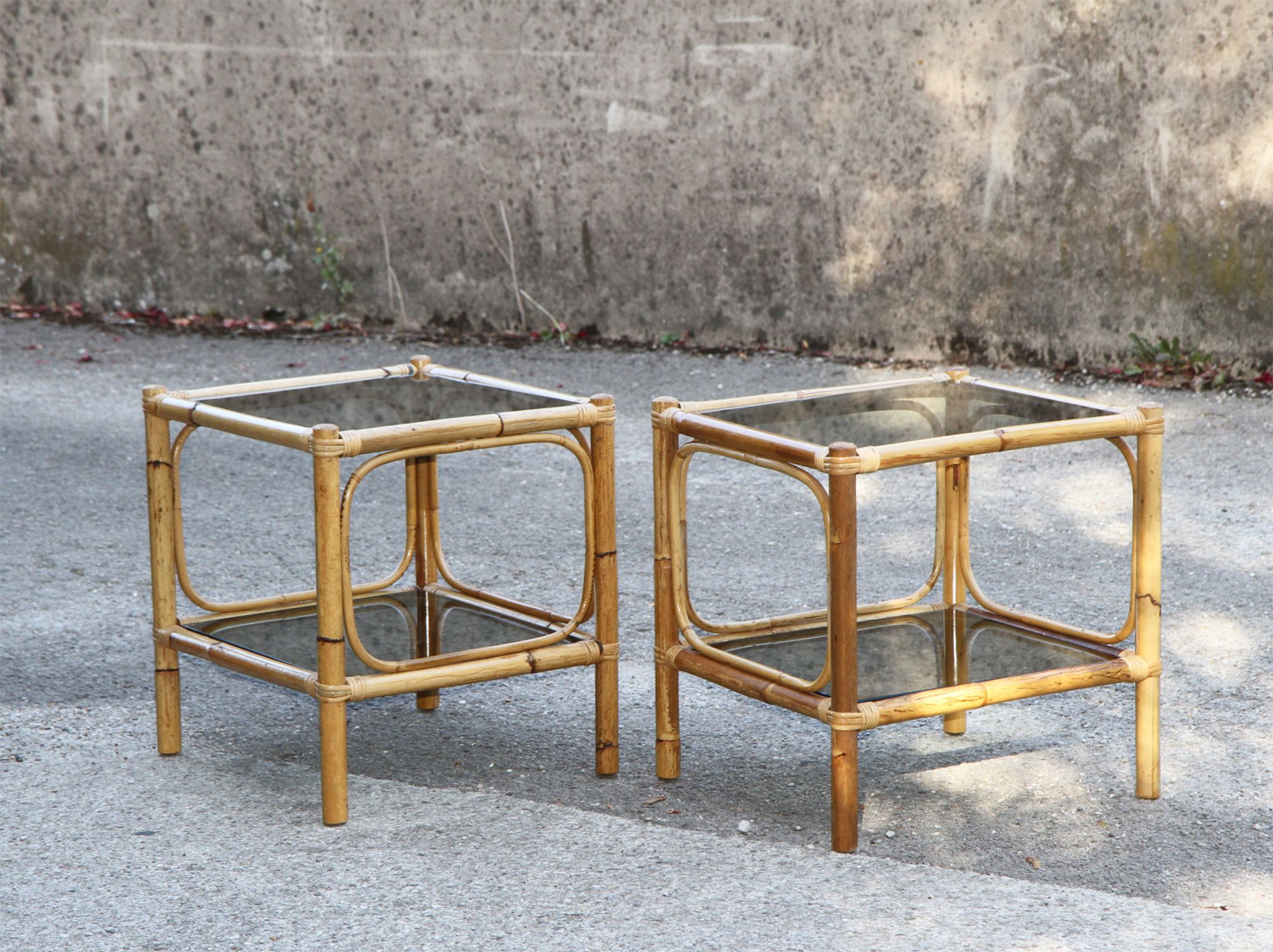 Pair of bamboo and smoked glass vintage bedside tables