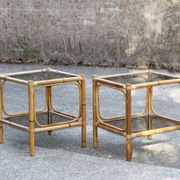 Pair of bamboo and smoked glass vintage bedside tables