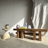 Solid wood bench with openwork base crossed by a cylinder - Mango wood