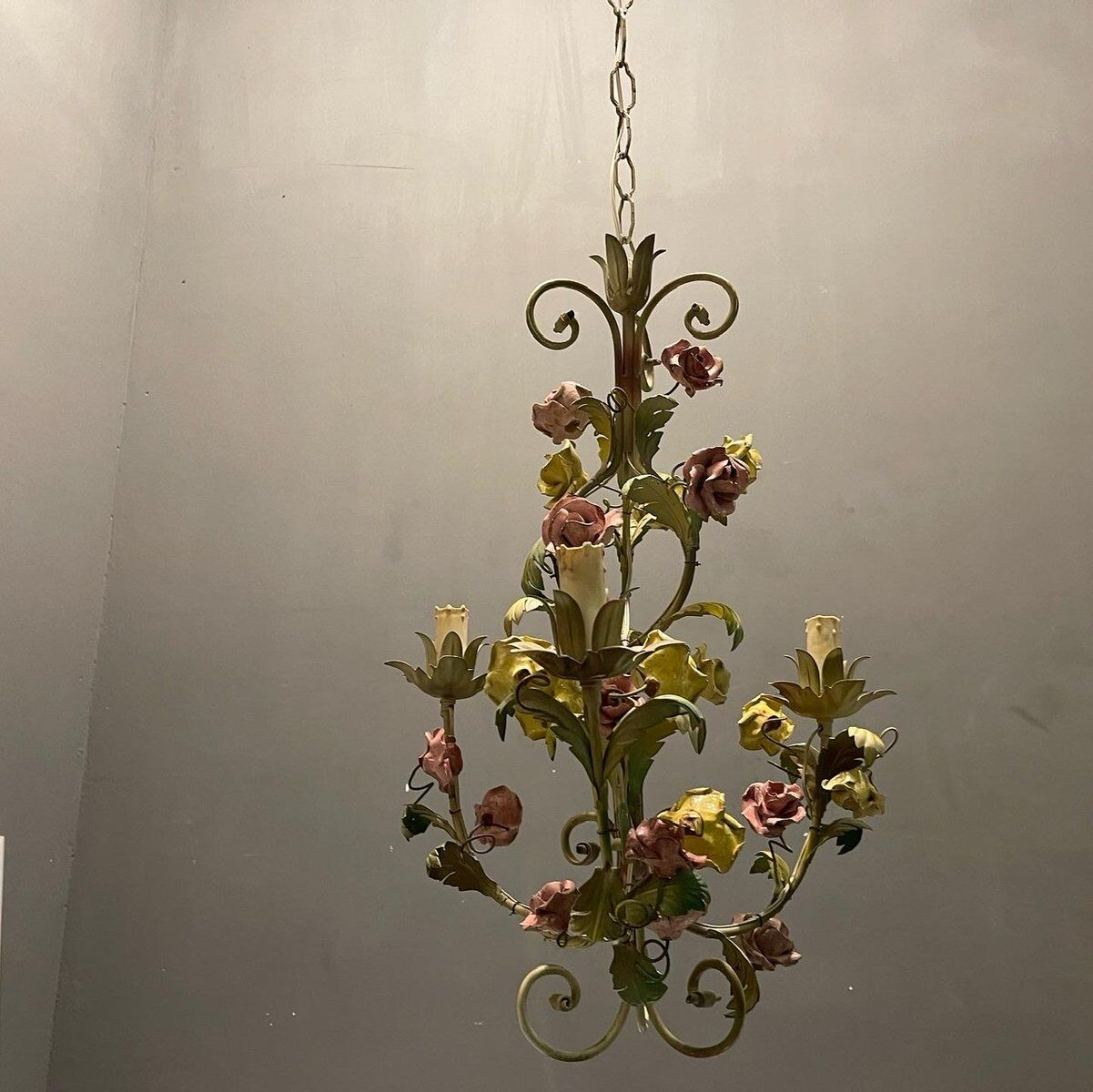 Italian Tole Ceramic Flower Chandelier, 1960s