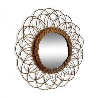 Miroir vintage 1960 soleil fleur rotin osier - 49 cm