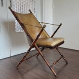 Vintage Faux bamboo, leather campaign folding chair by Maison Jansen, 1950s